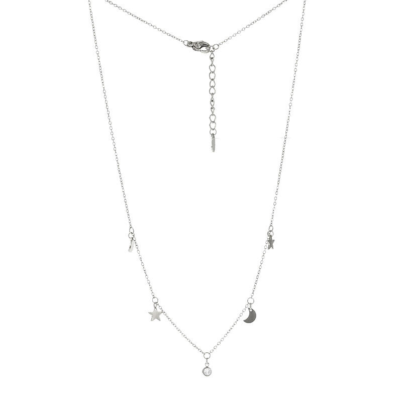 SD-33 Ketting Collier Zilver Ster en Maan met Zirkonia Steen 42cm Kalli Jewelry