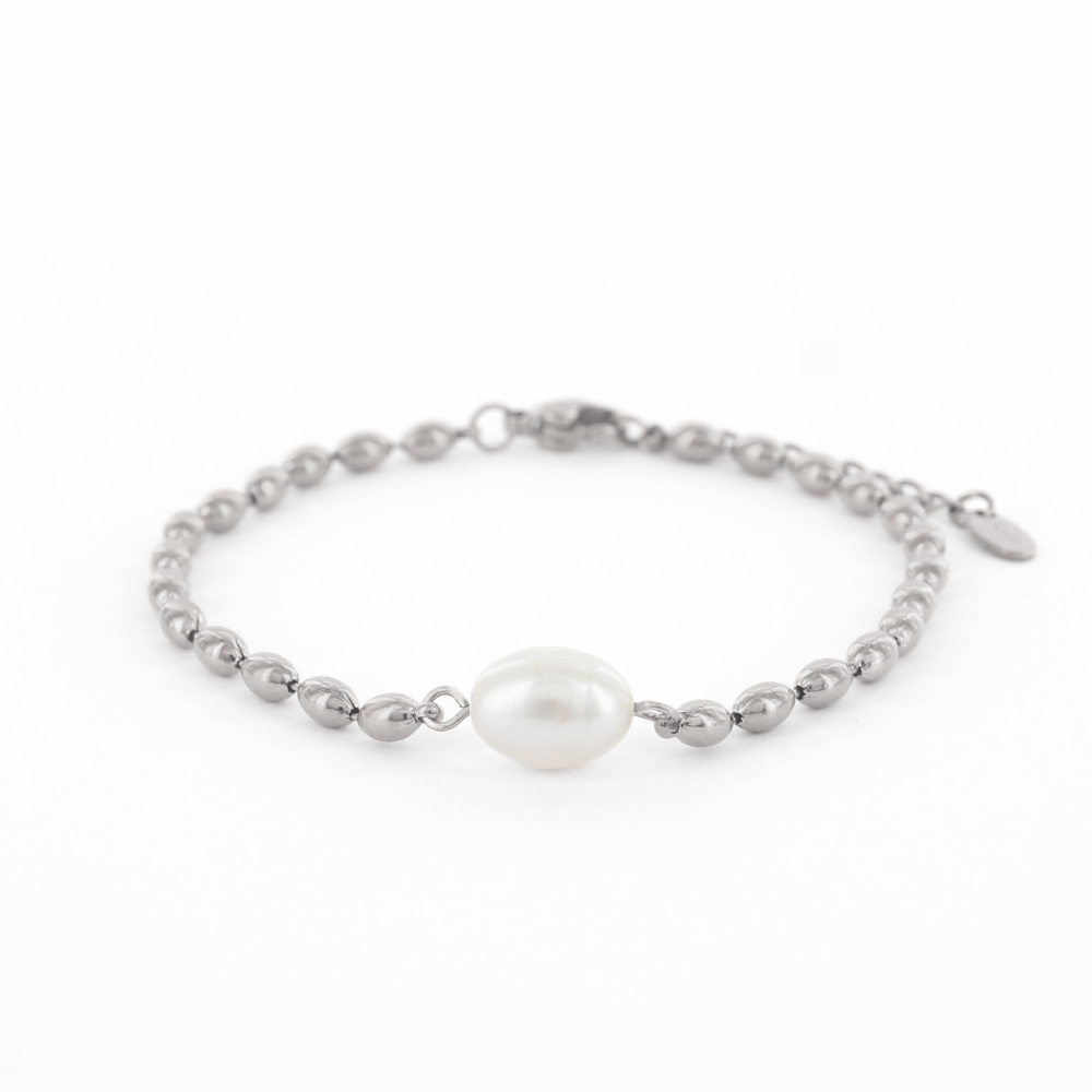 Schakelarmband Jolijn, Enkele parel Zilver