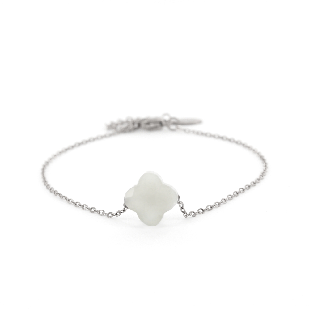 Schakelarmband Mette, Natuursteen klavertje, Zilver wit