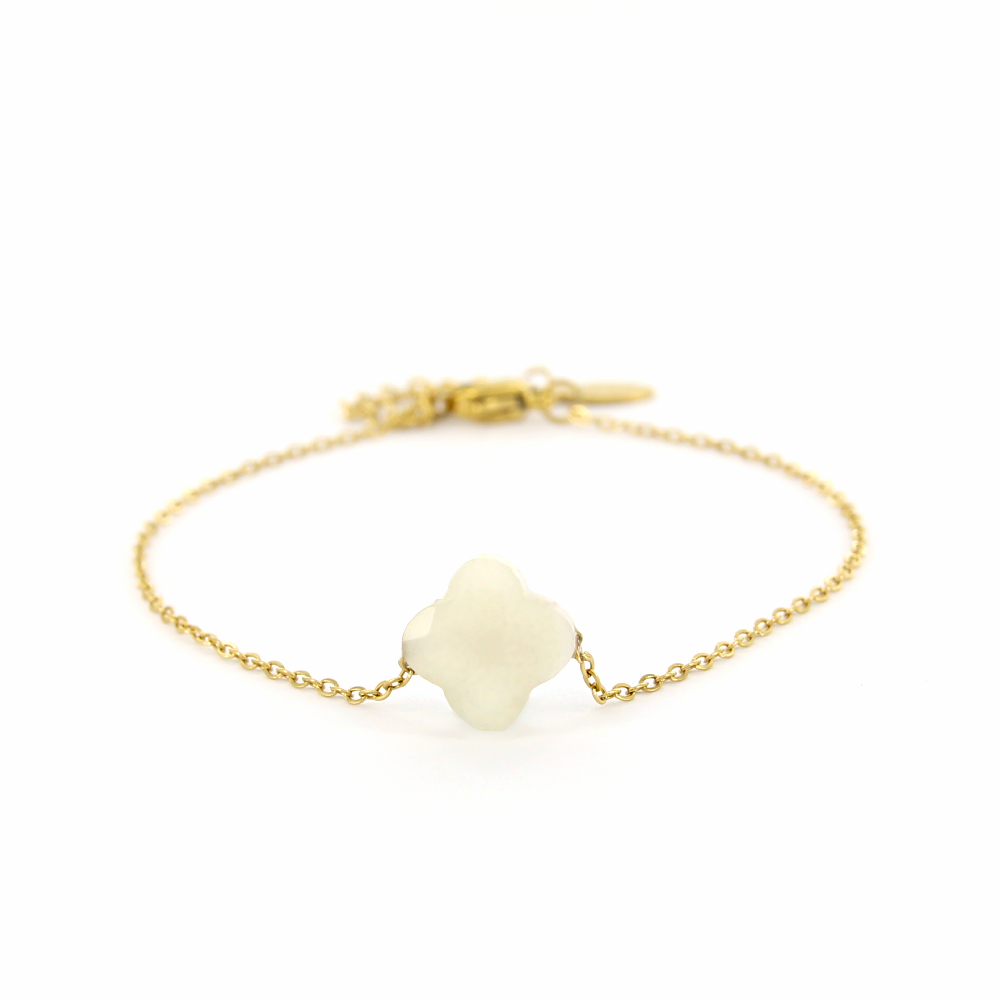 Schakelarmband Mette, Natuursteen klavertje, Goud wit